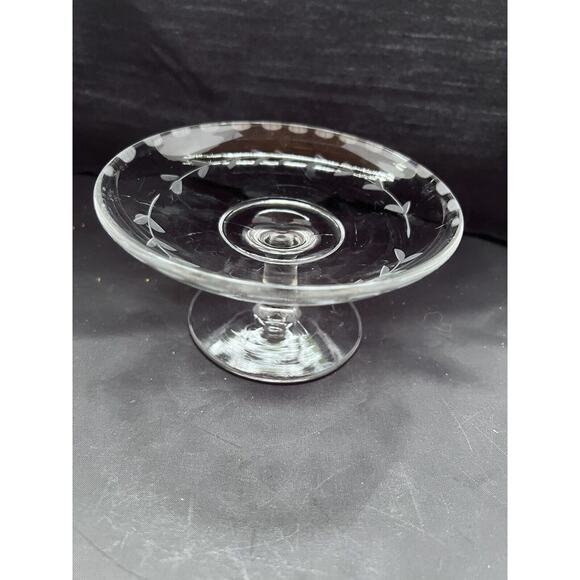 Vintage Glass Compote Bowl With Etched Floral Leaf Design - Picture 9 of 9
